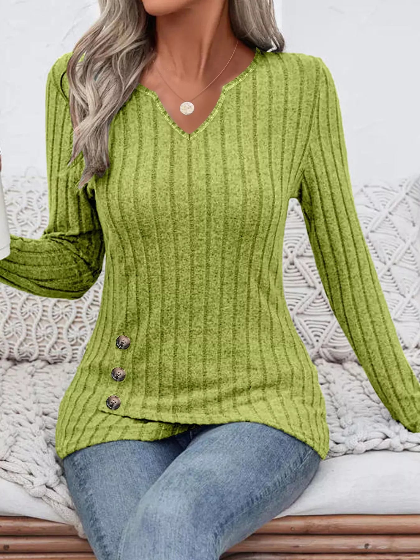 Fashorio Ribbed Knit Notched Long Sleeve Top