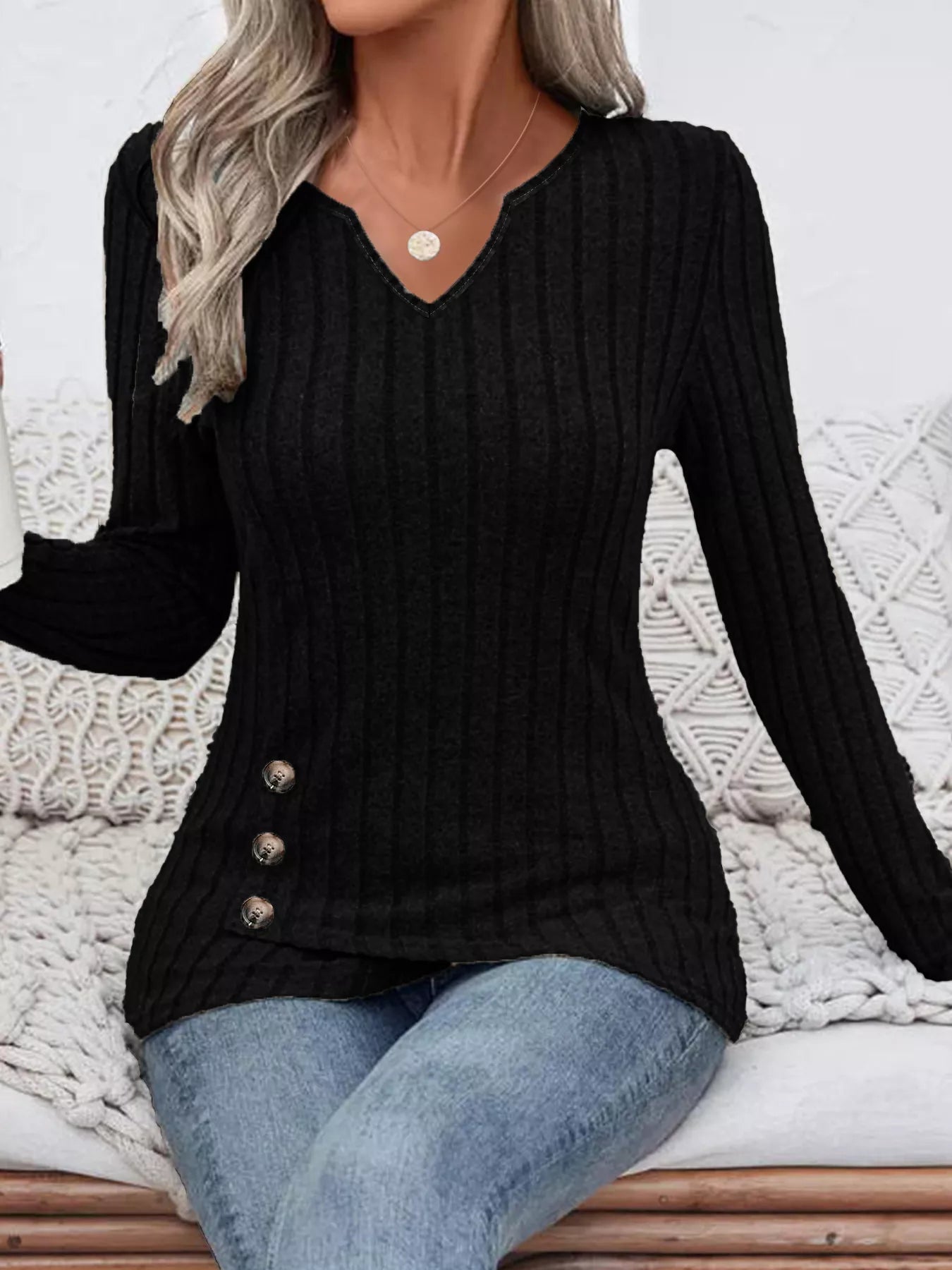 Fashorio Ribbed Knit Notched Long Sleeve Top