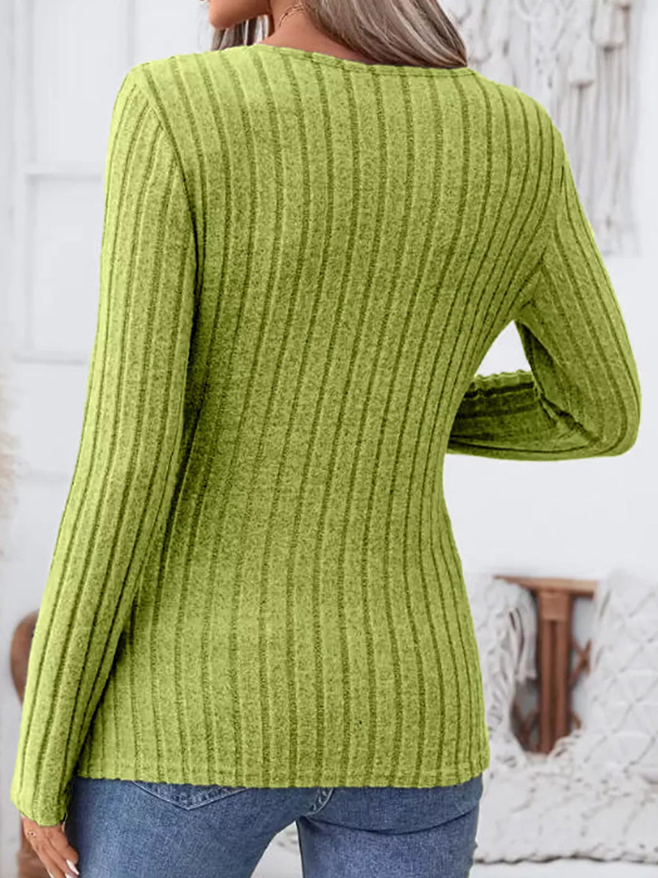 Fashorio Ribbed Knit Notched Long Sleeve Top