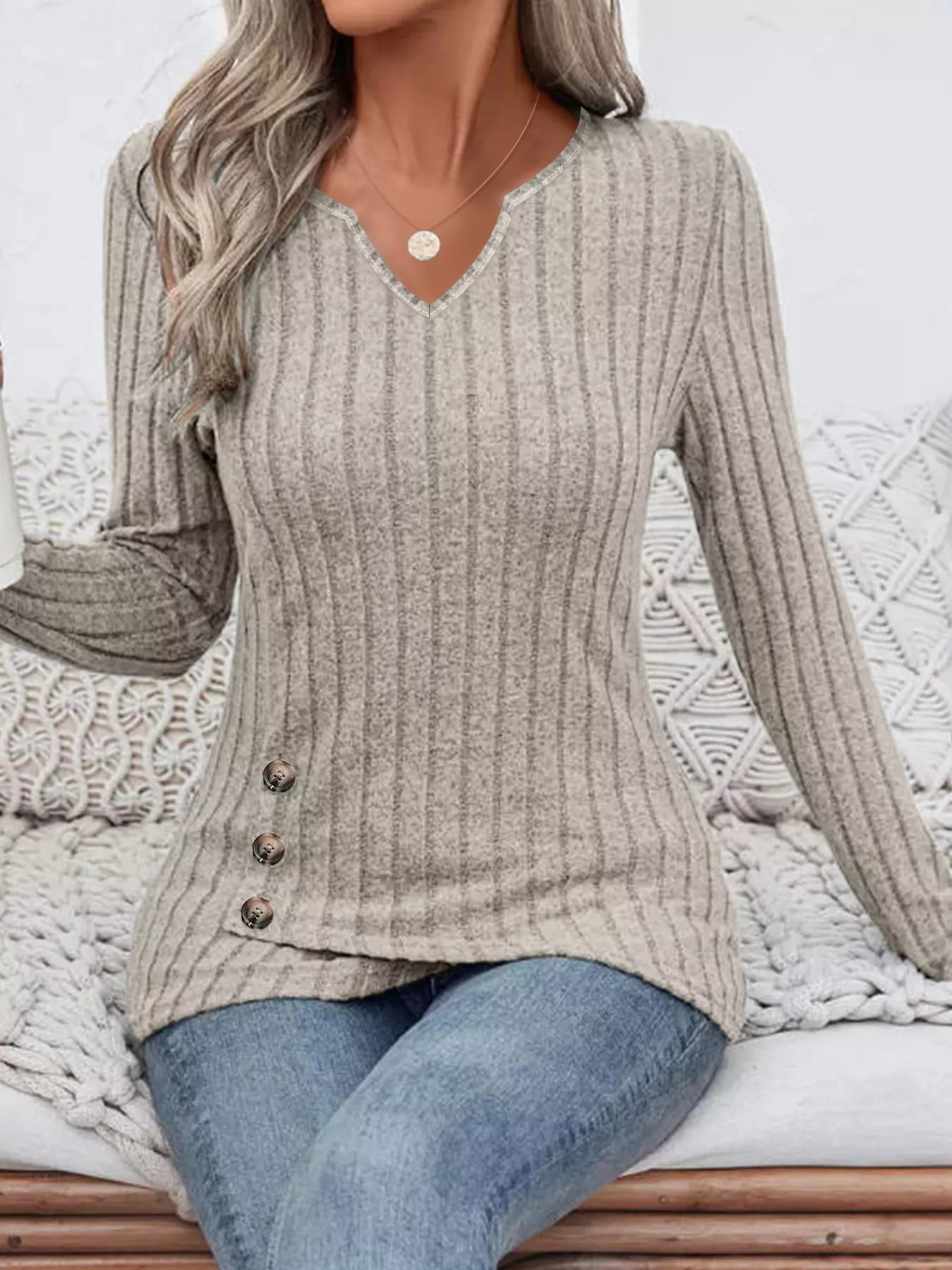 Fashorio Ribbed Knit Notched Long Sleeve Top
