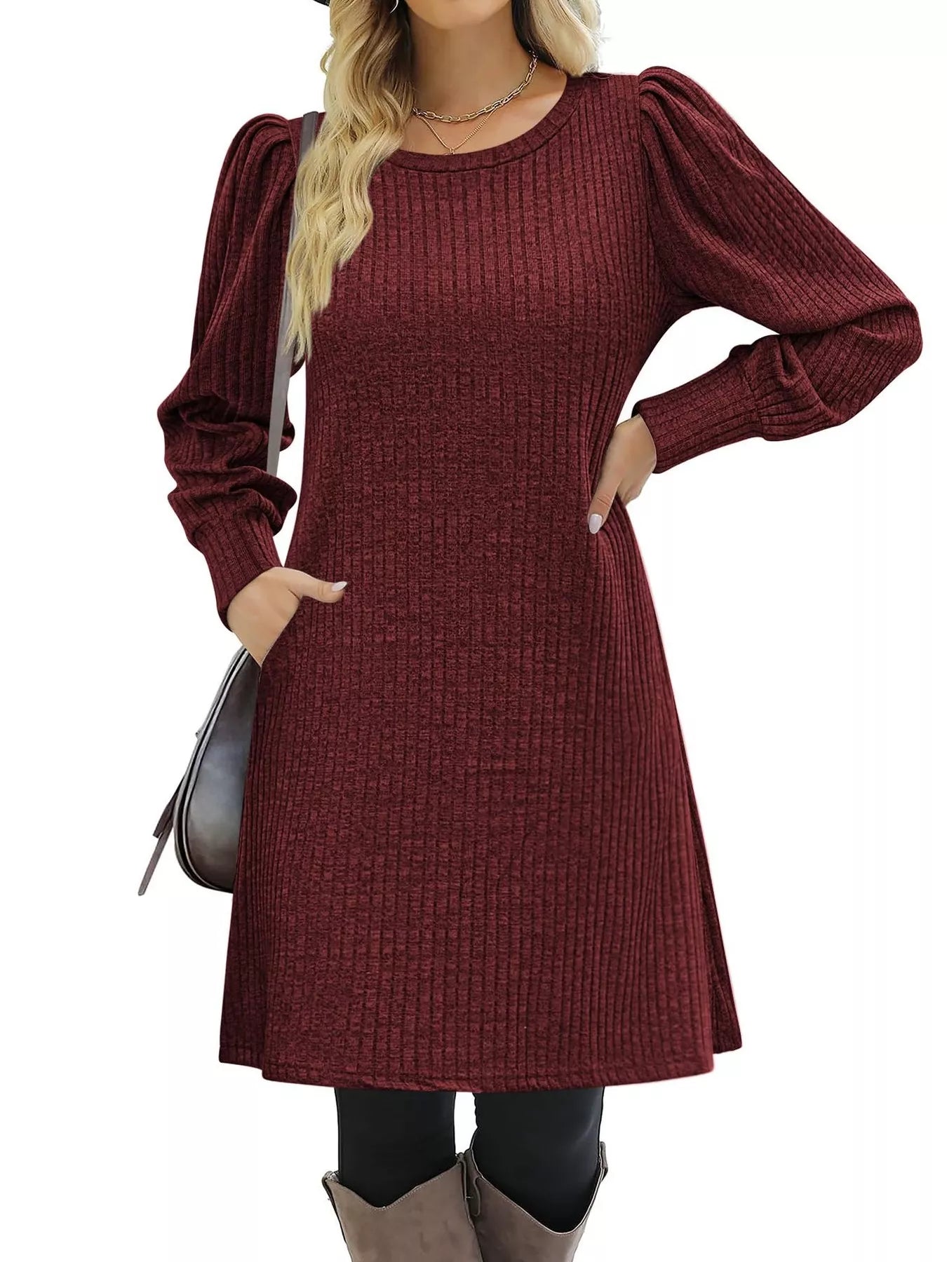Fashorio Ribbed Knit Puff Sleeve Casual Mini Dress
