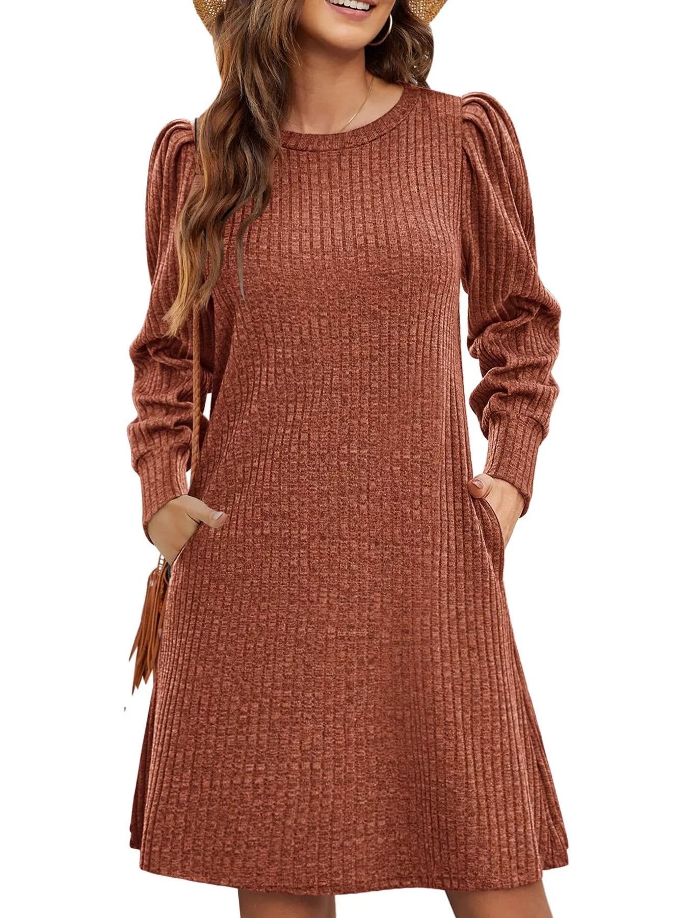 Fashorio Ribbed Knit Puff Sleeve Casual Mini Dress