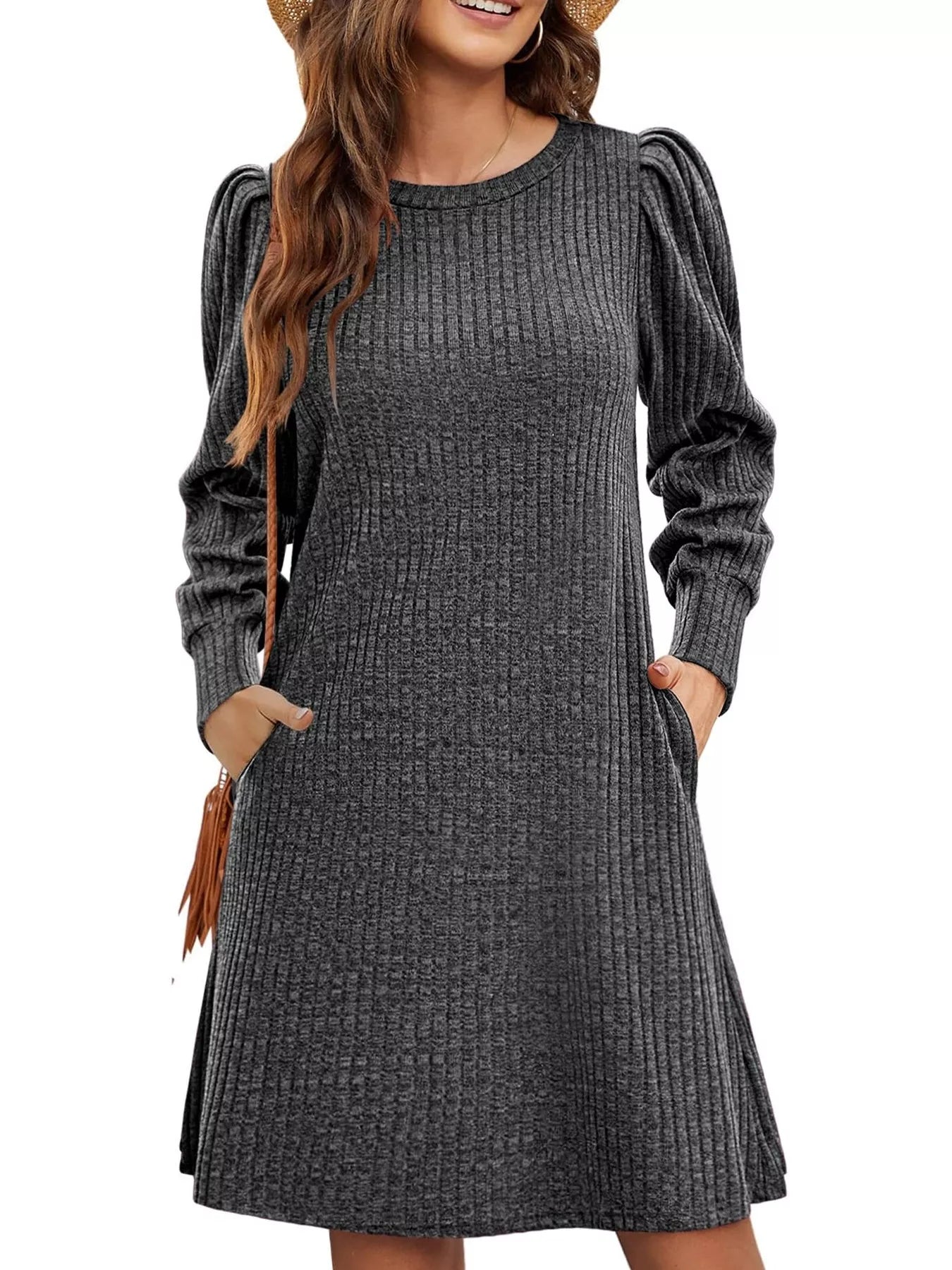 Fashorio Ribbed Knit Puff Sleeve Casual Mini Dress