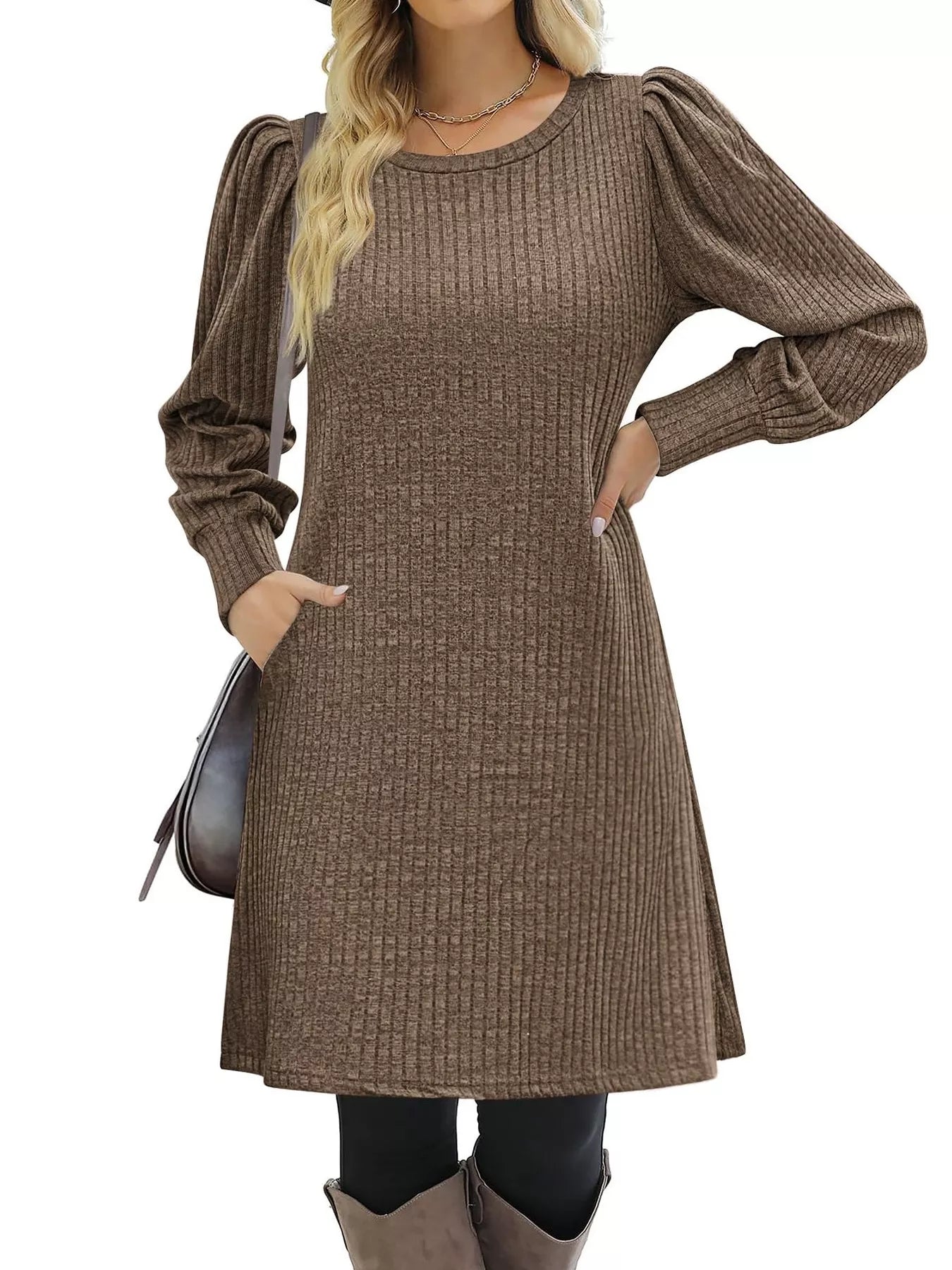 Fashorio Ribbed Knit Puff Sleeve Casual Mini Dress