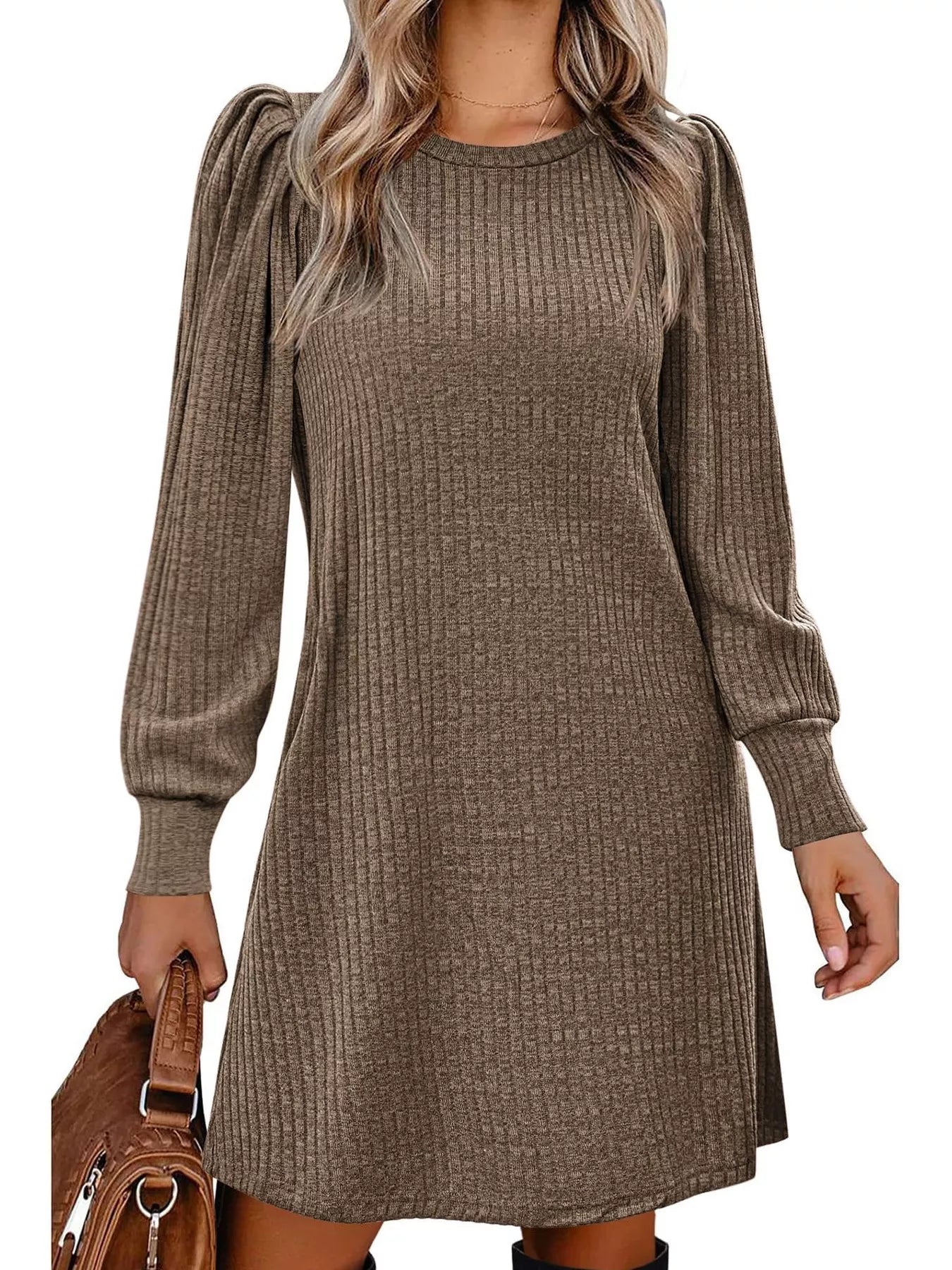 Fashorio Ribbed Knit Puff Sleeve Casual Mini Dress