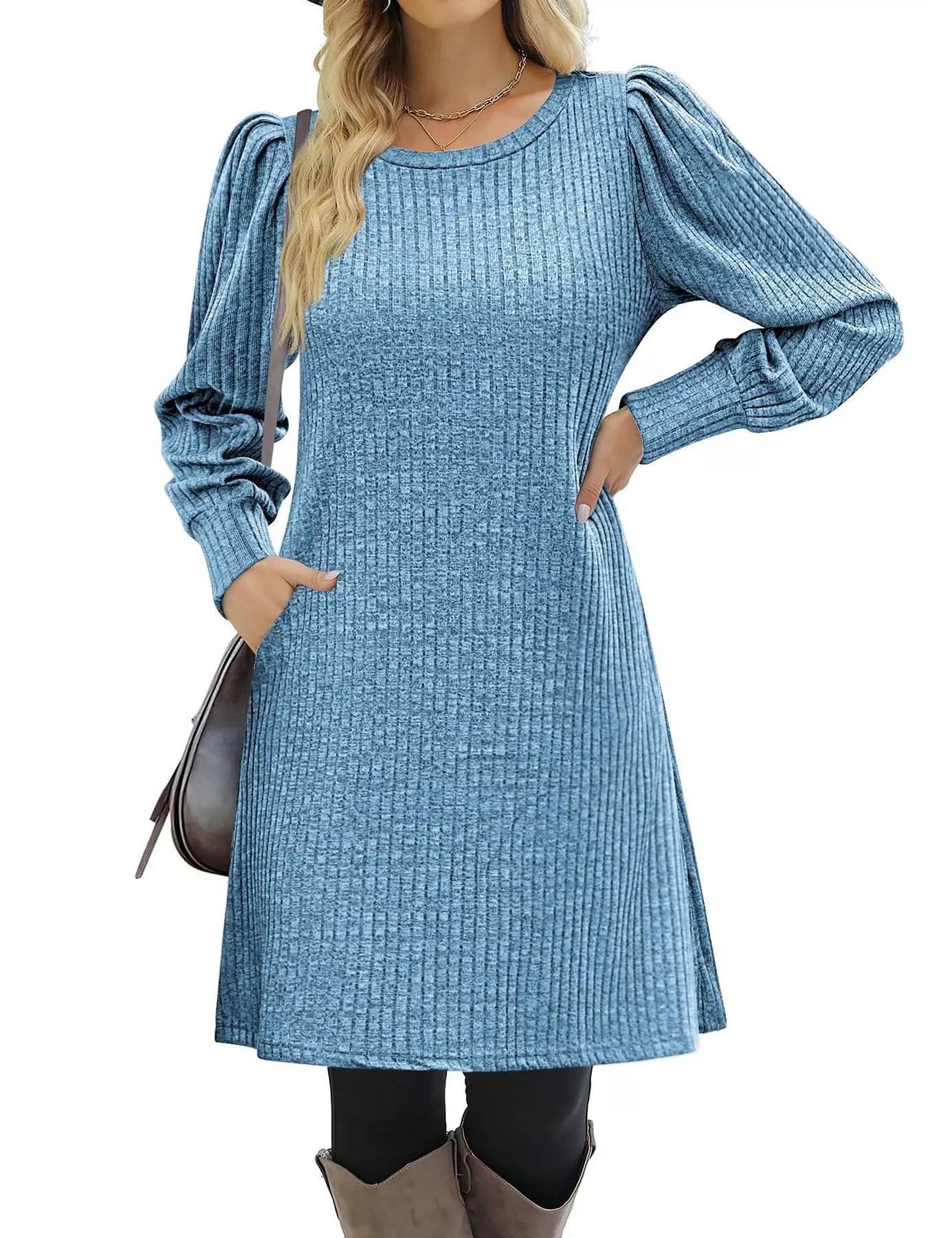 Fashorio Ribbed Knit Puff Sleeve Casual Mini Dress