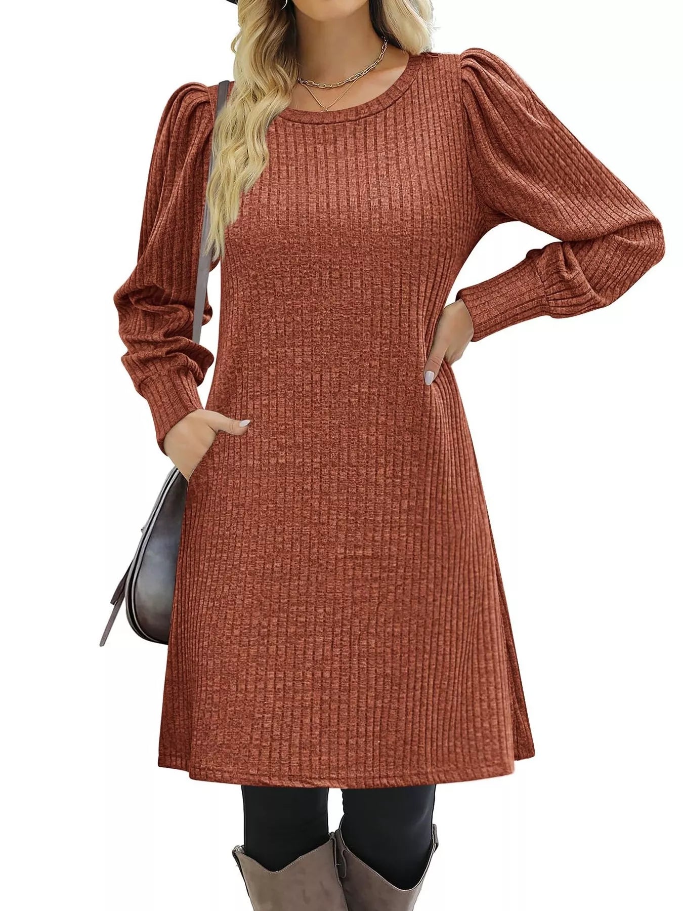 Fashorio Ribbed Knit Puff Sleeve Casual Mini Dress