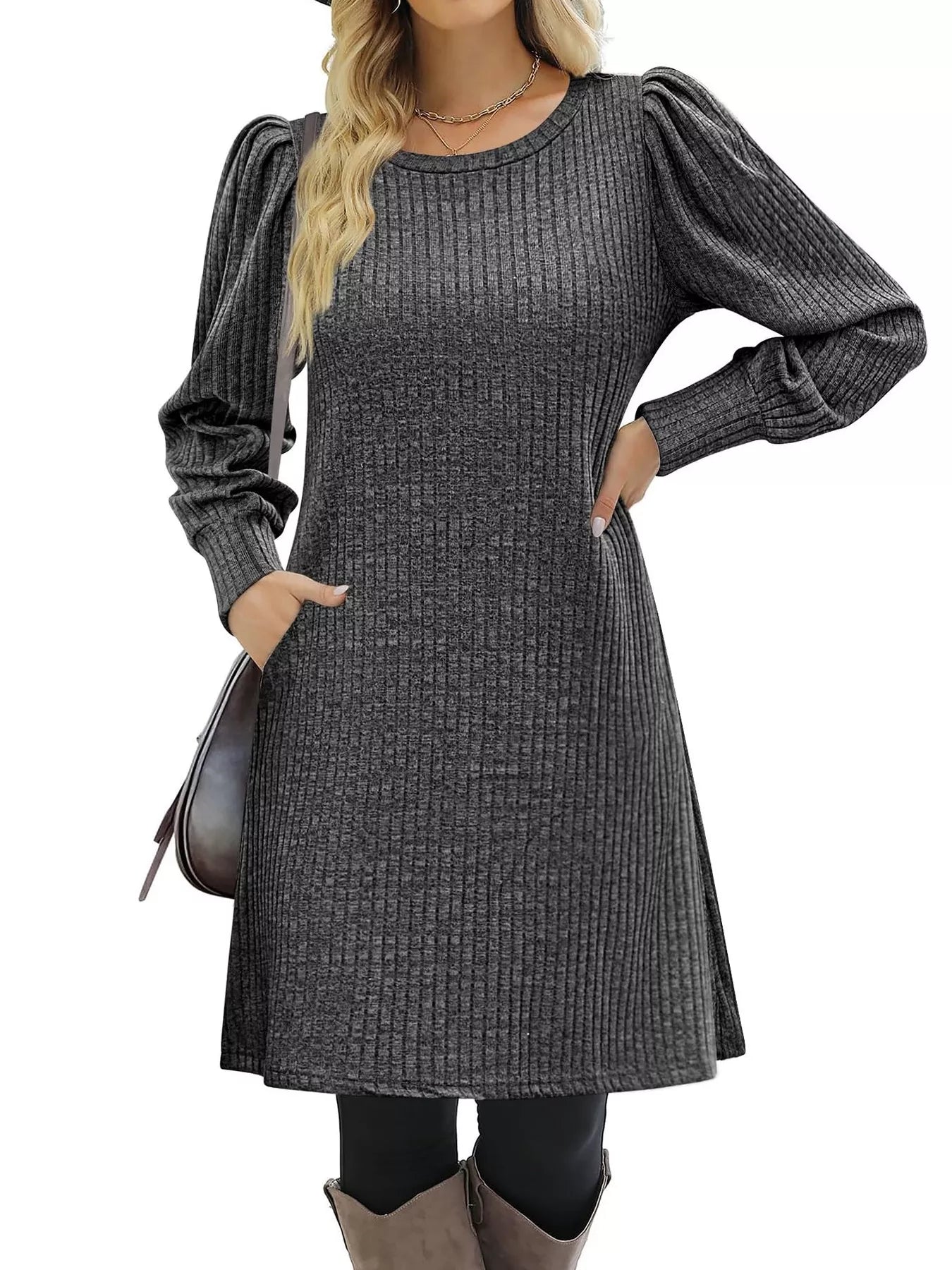 Fashorio Ribbed Knit Puff Sleeve Casual Mini Dress
