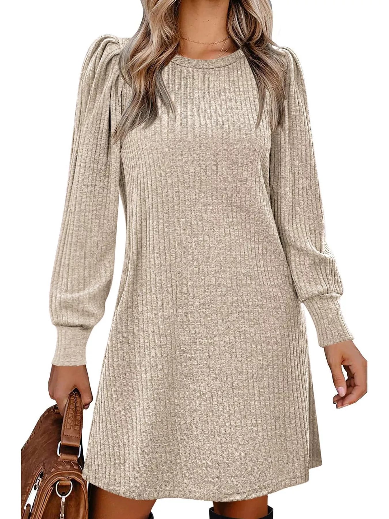Fashorio Ribbed Knit Puff Sleeve Casual Mini Dress