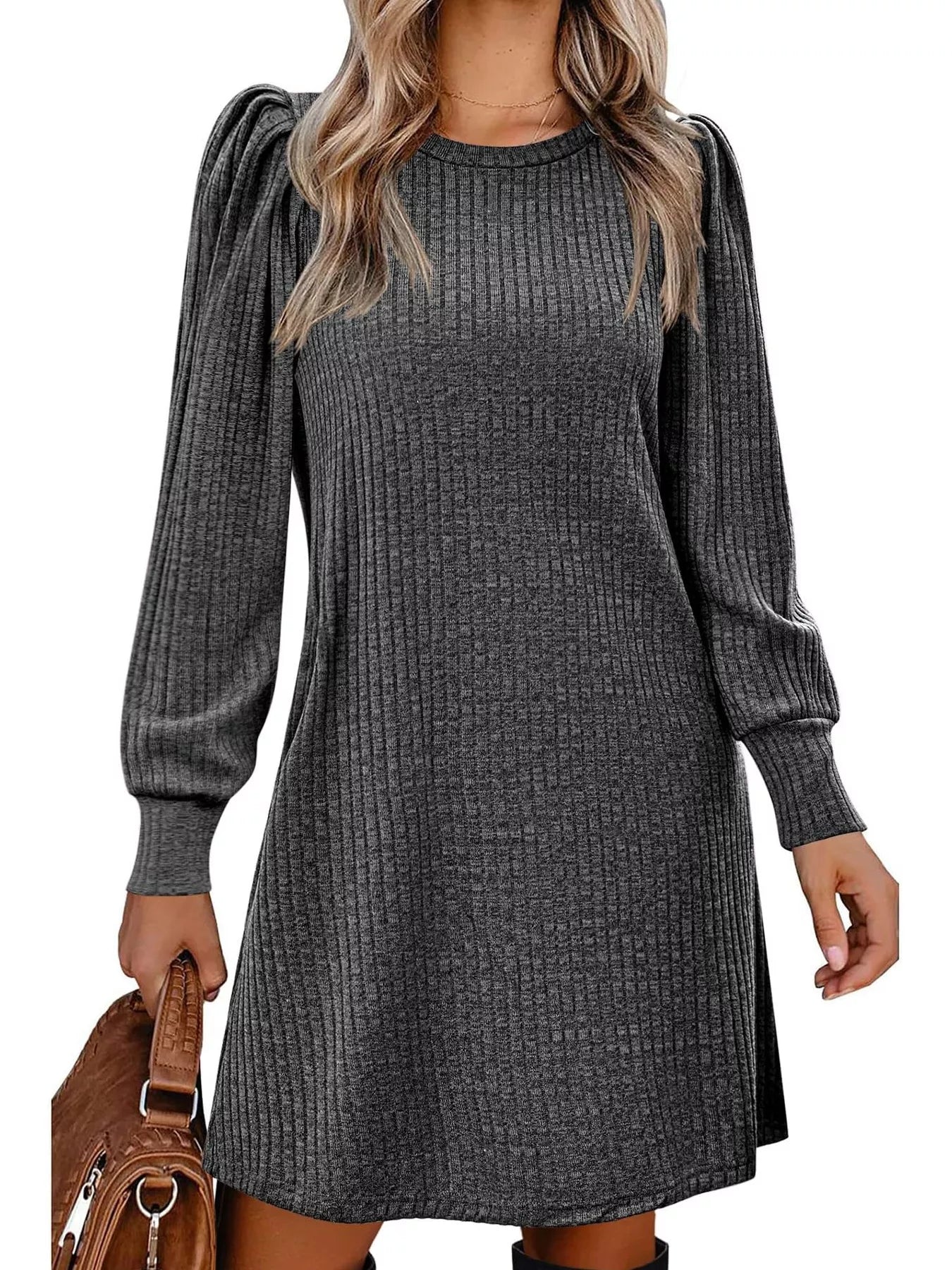 Fashorio Ribbed Knit Puff Sleeve Casual Mini Dress