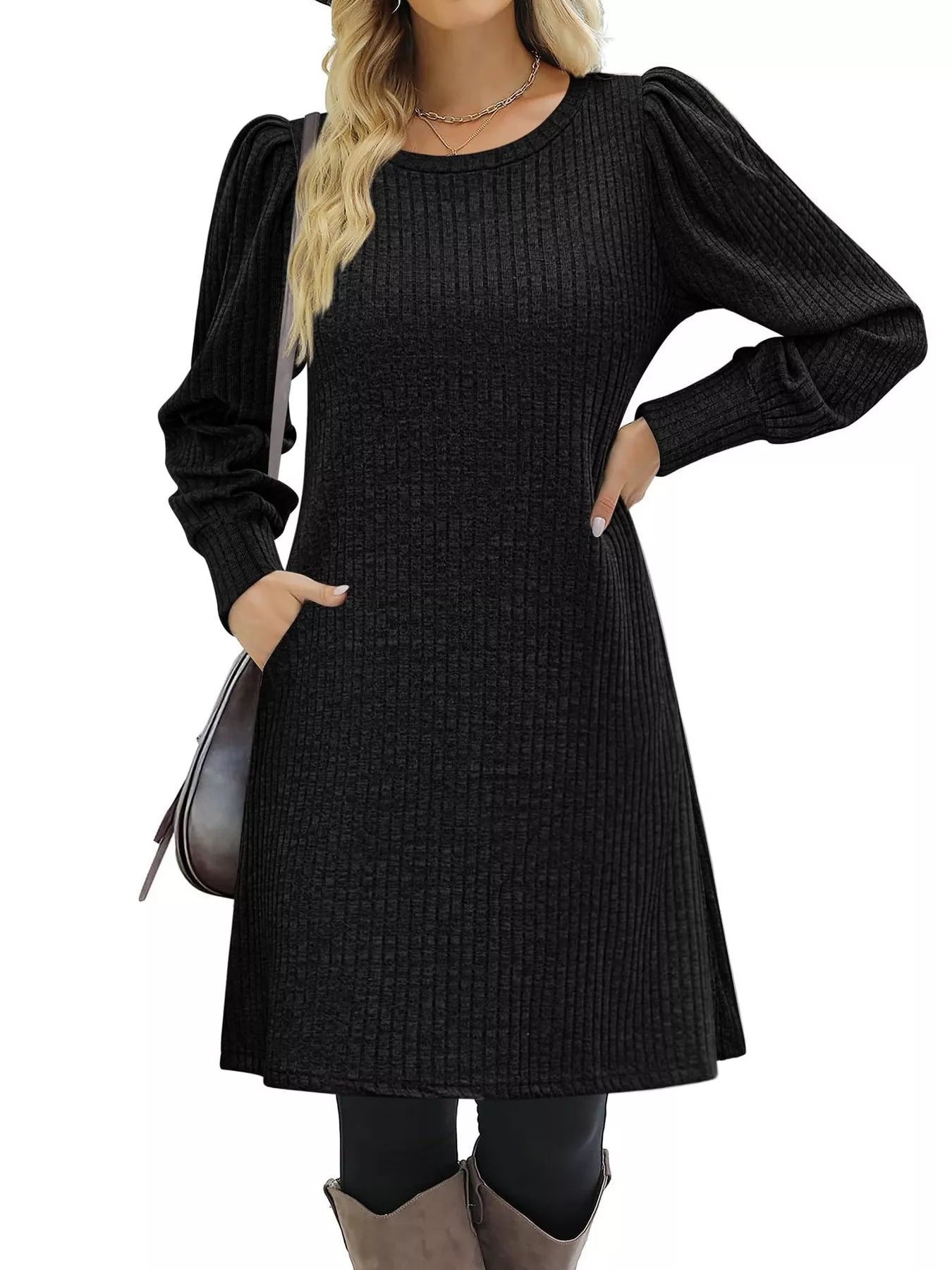 Fashorio Ribbed Knit Puff Sleeve Casual Mini Dress