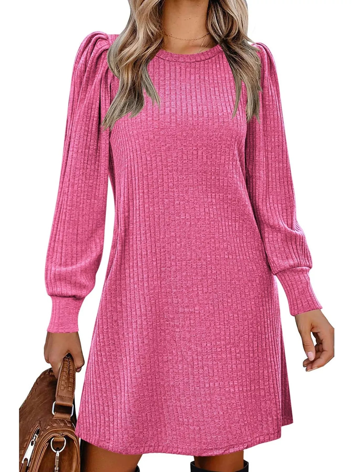 Fashorio Ribbed Knit Puff Sleeve Casual Mini Dress