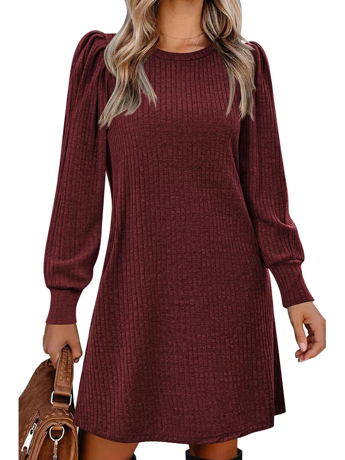 Fashorio Ribbed Knit Puff Sleeve Casual Mini Dress