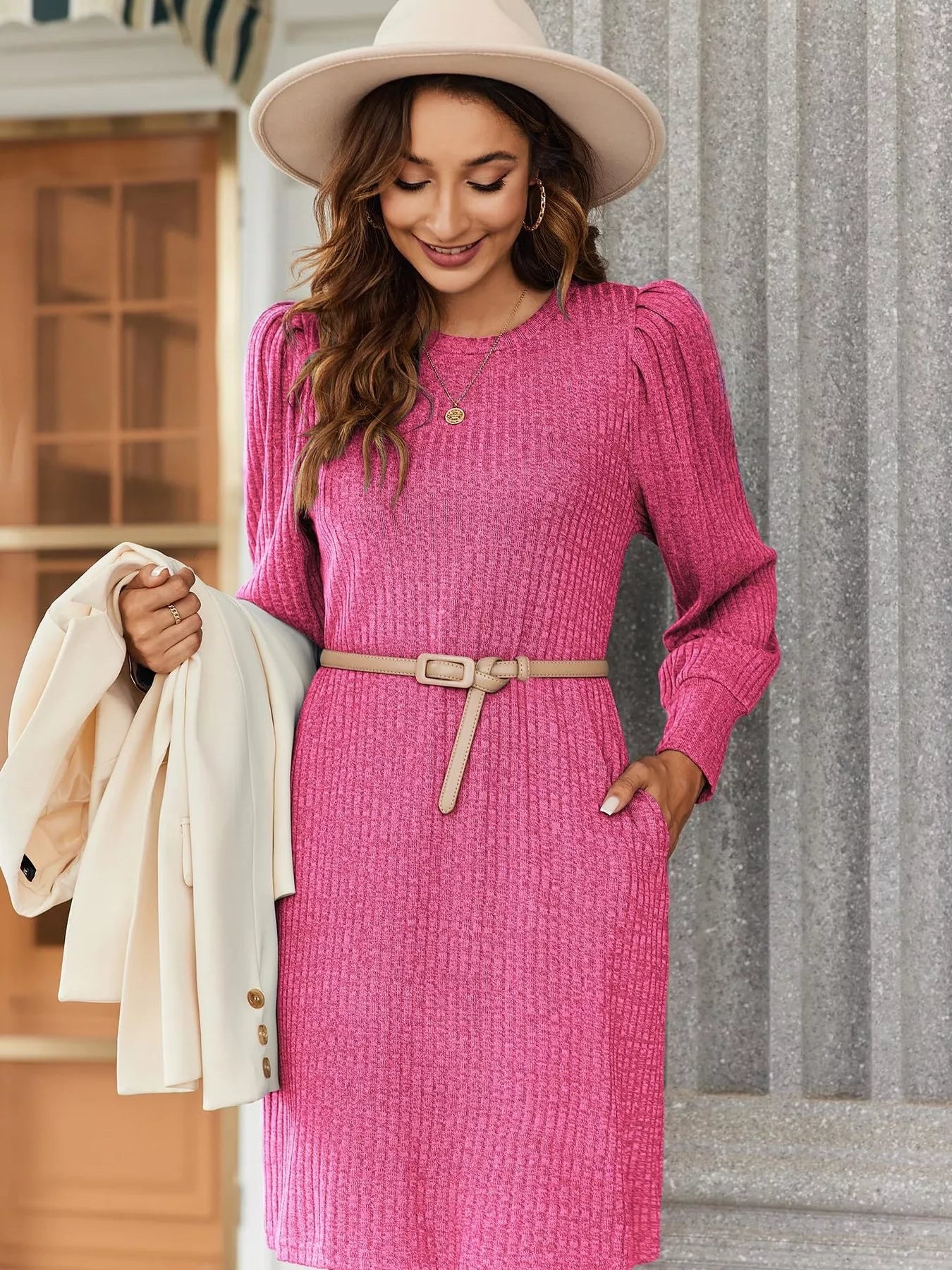 Fashorio Ribbed Knit Puff Sleeve Casual Mini Dress