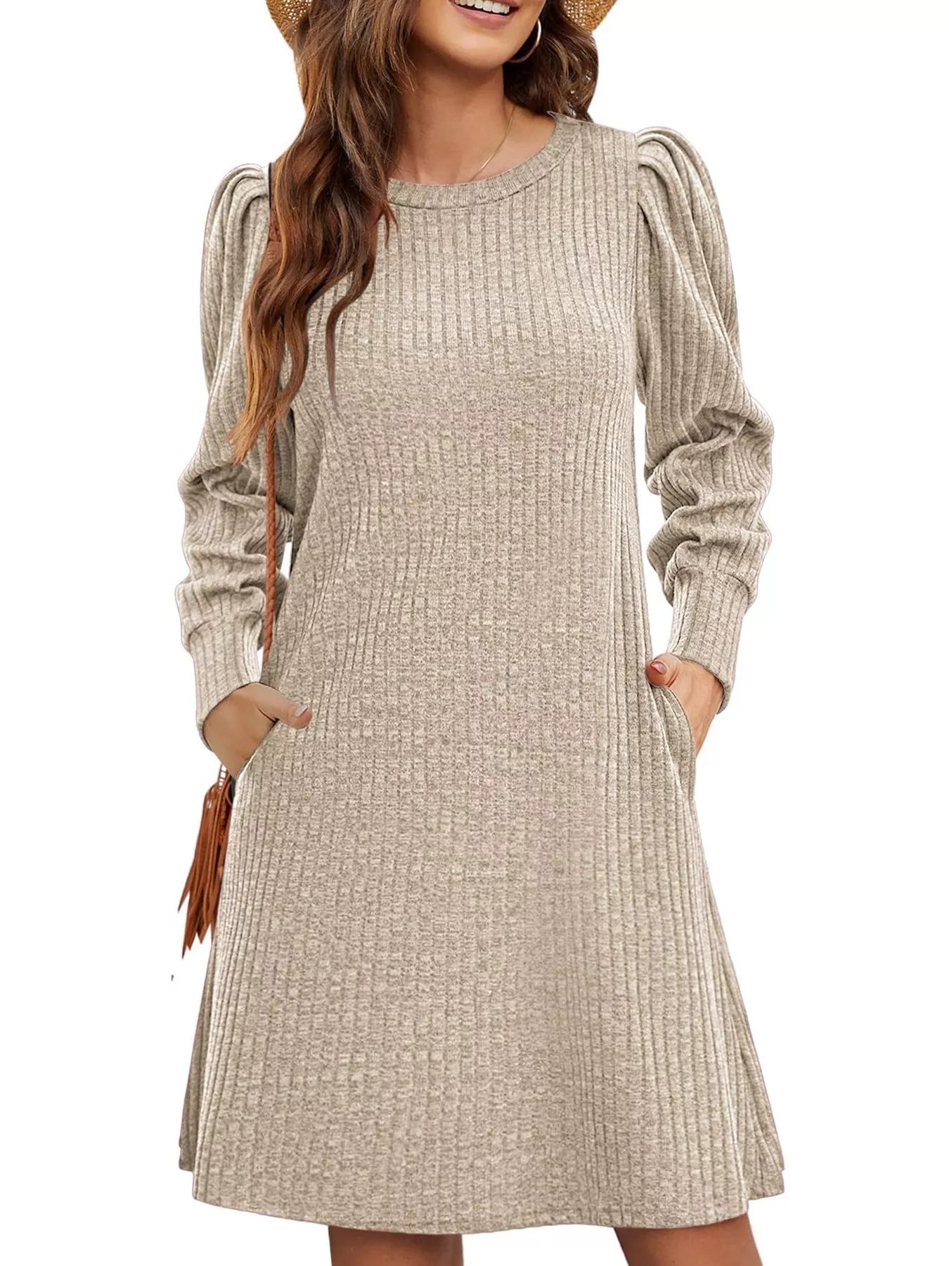 Fashorio Ribbed Knit Puff Sleeve Casual Mini Dress