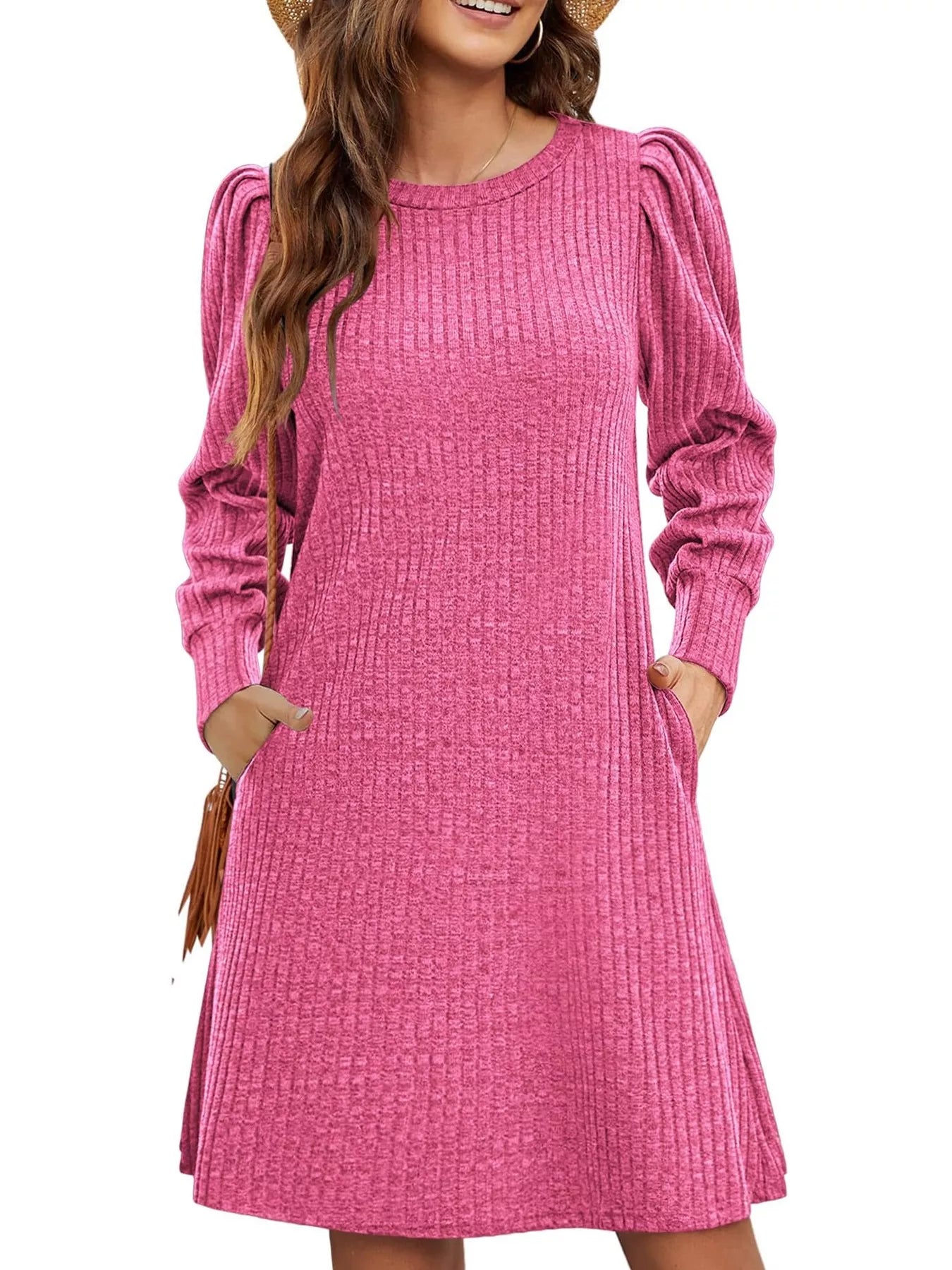 Fashorio Ribbed Knit Puff Sleeve Casual Mini Dress
