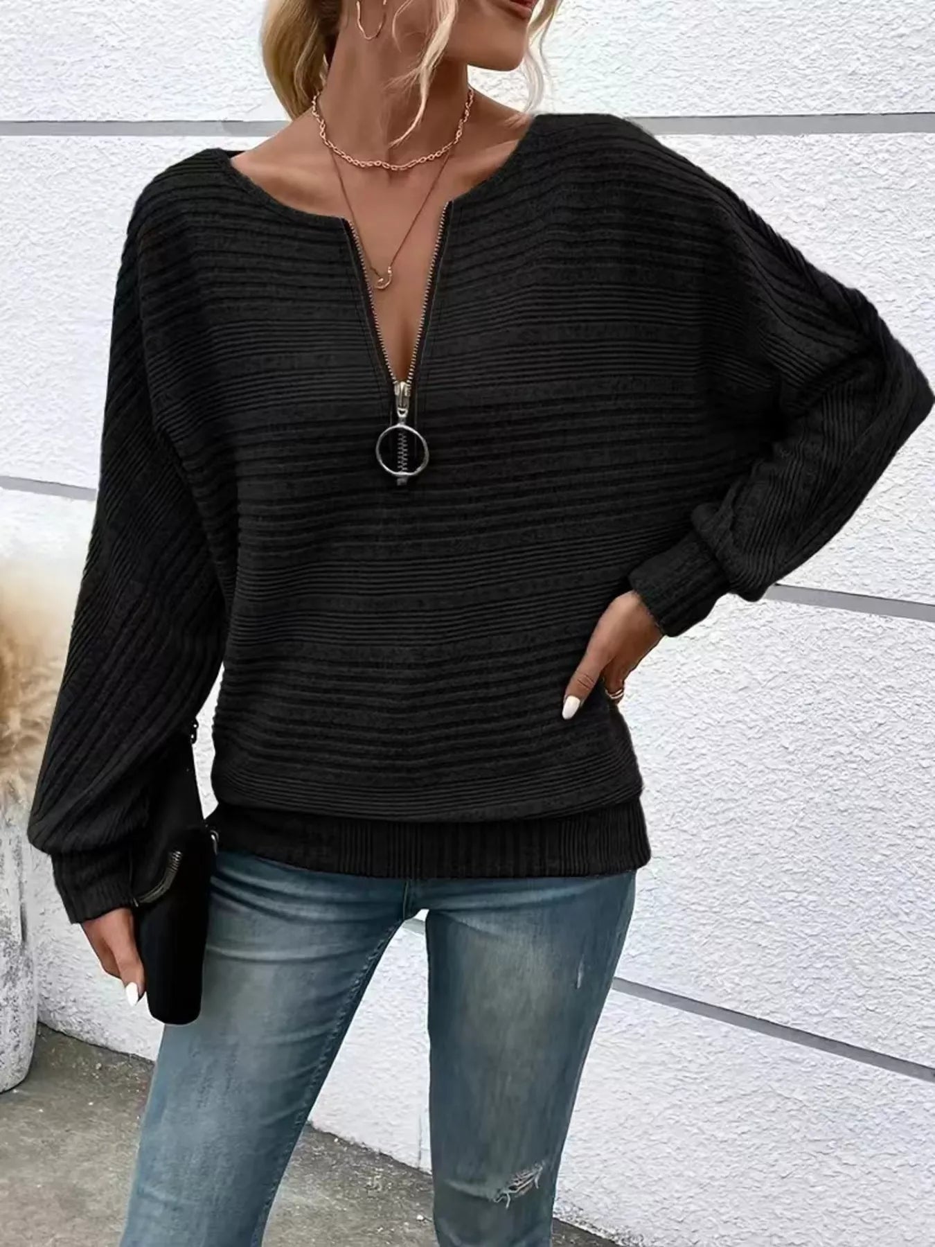 Fashorio Ribbed Knit Quarter Zip Sweatshirt