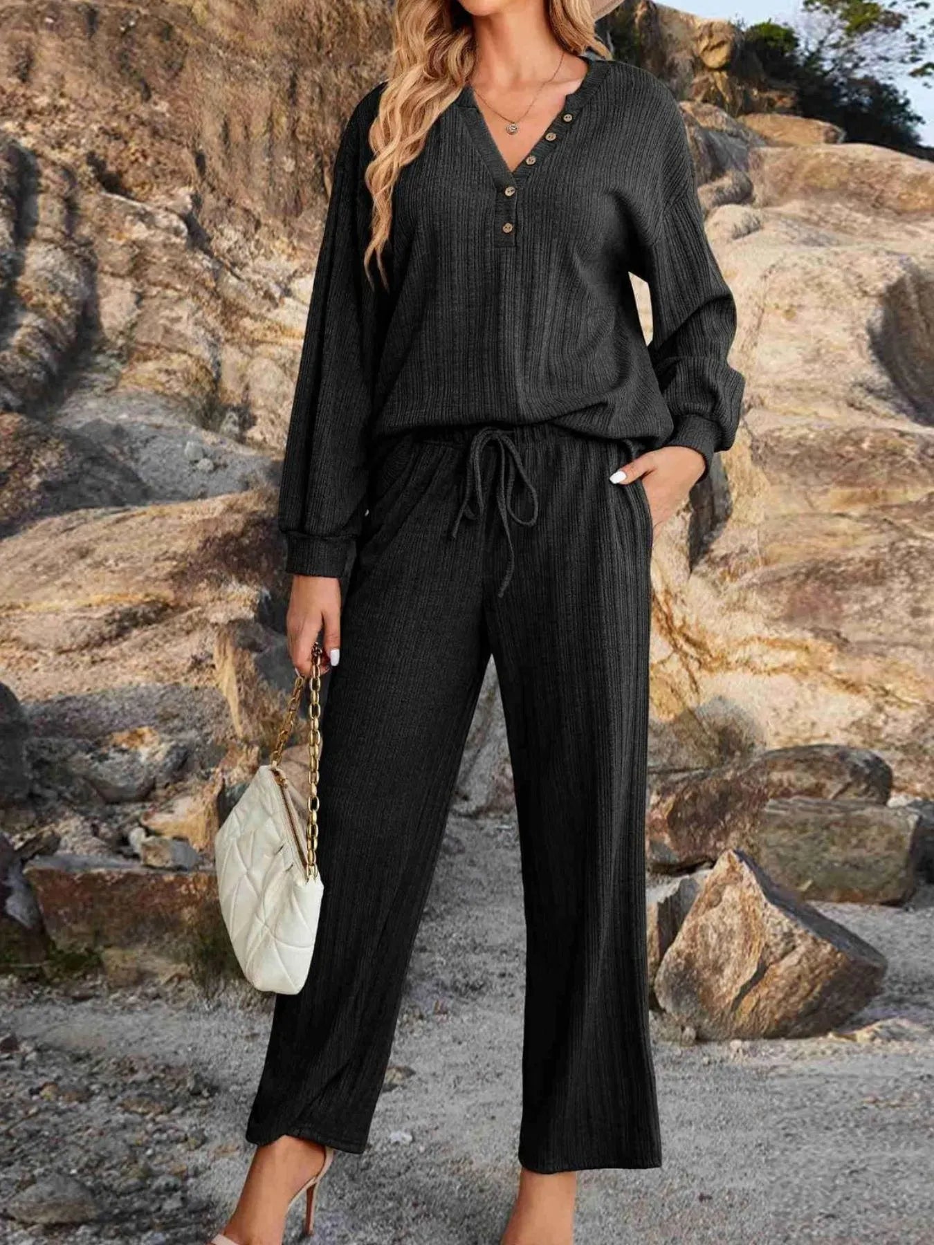 Fashorio Ribbed Knit Top and Pants Lounge Set with Button Detail