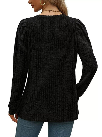 Ribbed Knit Top with Puff Sleeves - Fashorio