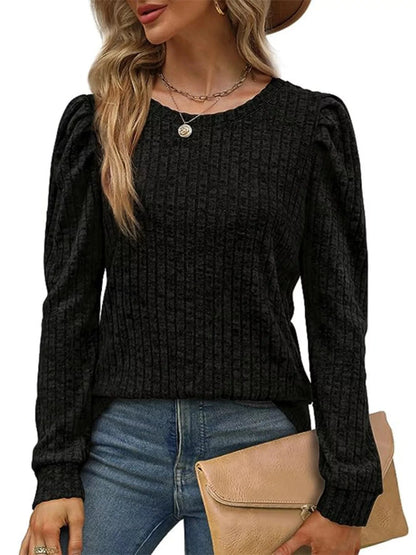 Ribbed Knit Top with Puff Sleeves - Fashorio