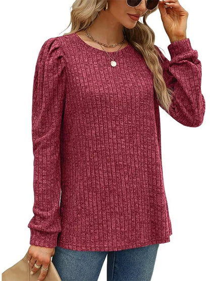 Ribbed Knit Top with Puff Sleeves - Fashorio