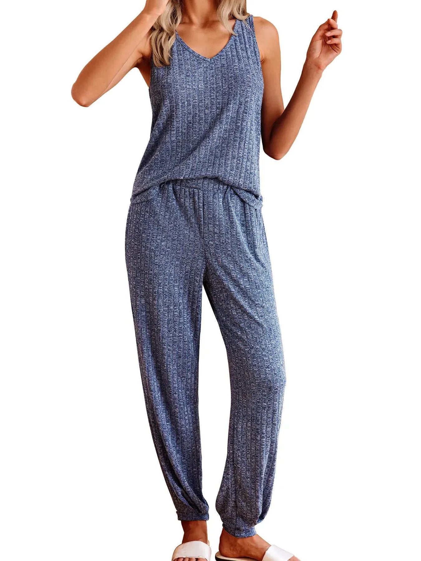 Fashorio Ribbed Knit V-Neck Tank and Pants Lounge Set