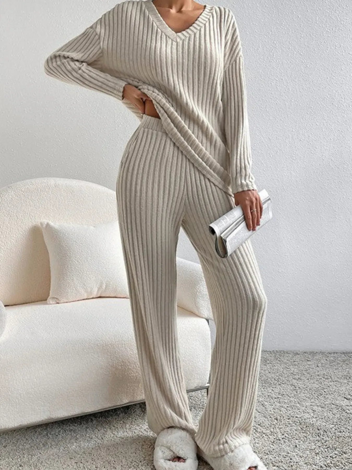 Fashorio Ribbed Knit V-Neck Top and Pants Lounge Set