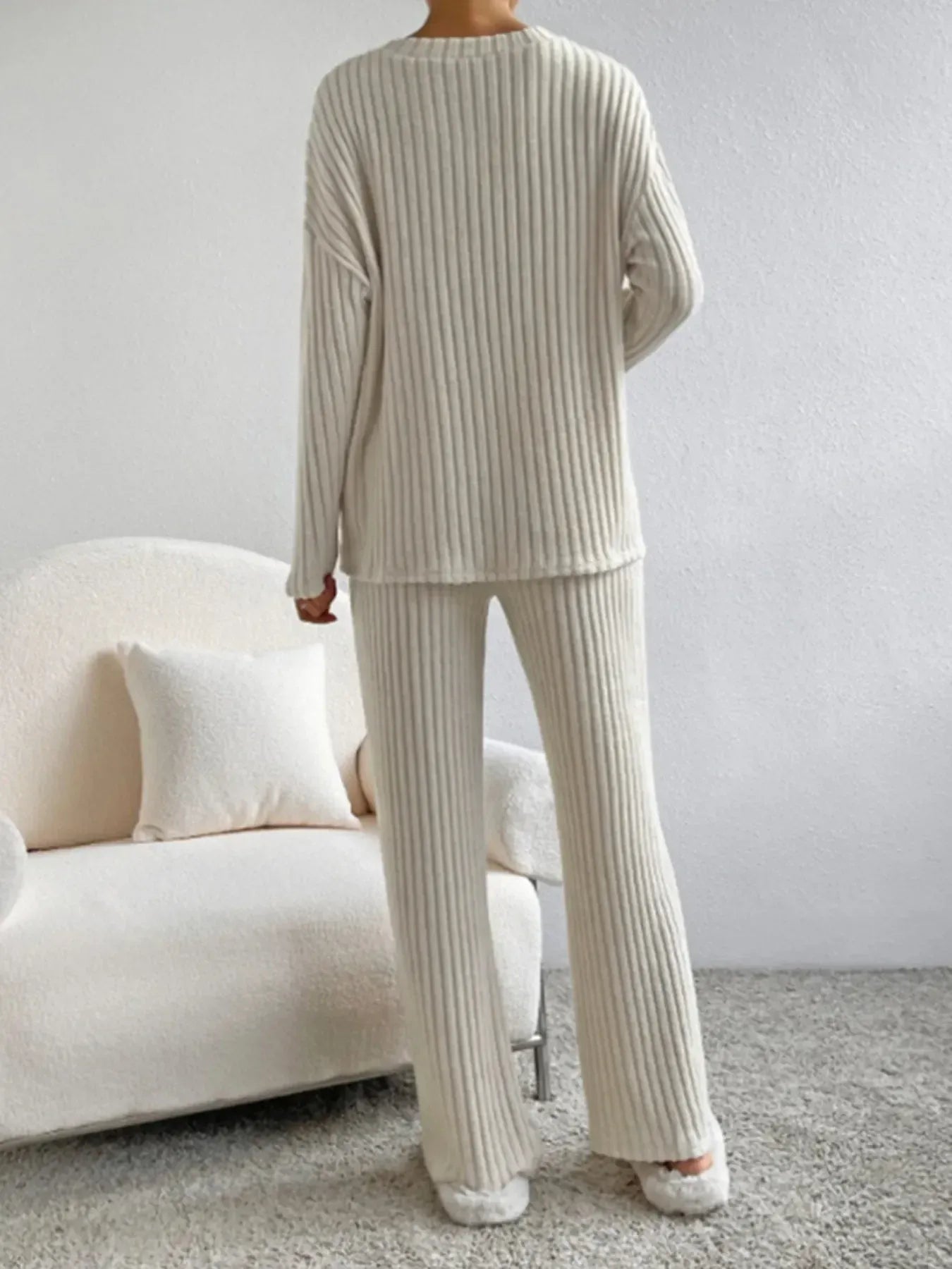 Fashorio Ribbed Knit V-Neck Top and Pants Lounge Set