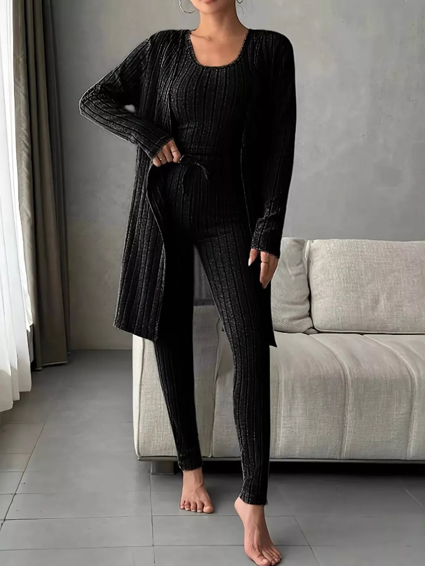 Fashorio Ribbed Tank Long Sleeve Cardigan and Pants 3 Piece Lounge Set