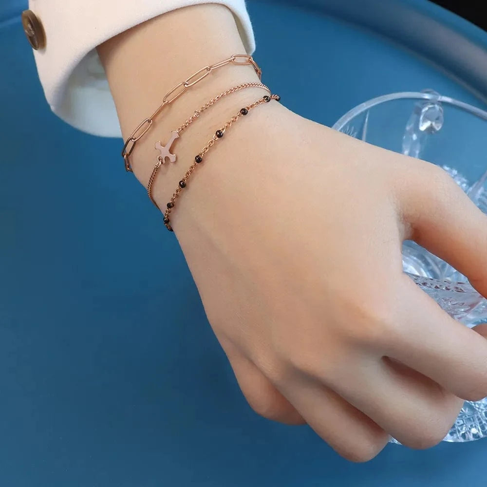 Titanium Steel Three-Layered Bracelet Rose Gold One Size - Fashorio