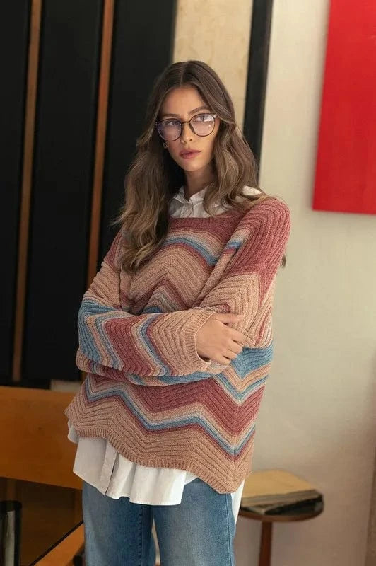 Annie Wear Multi Color Zig-Zag Round Neck Sweater Rose Multicolor - Fashorio