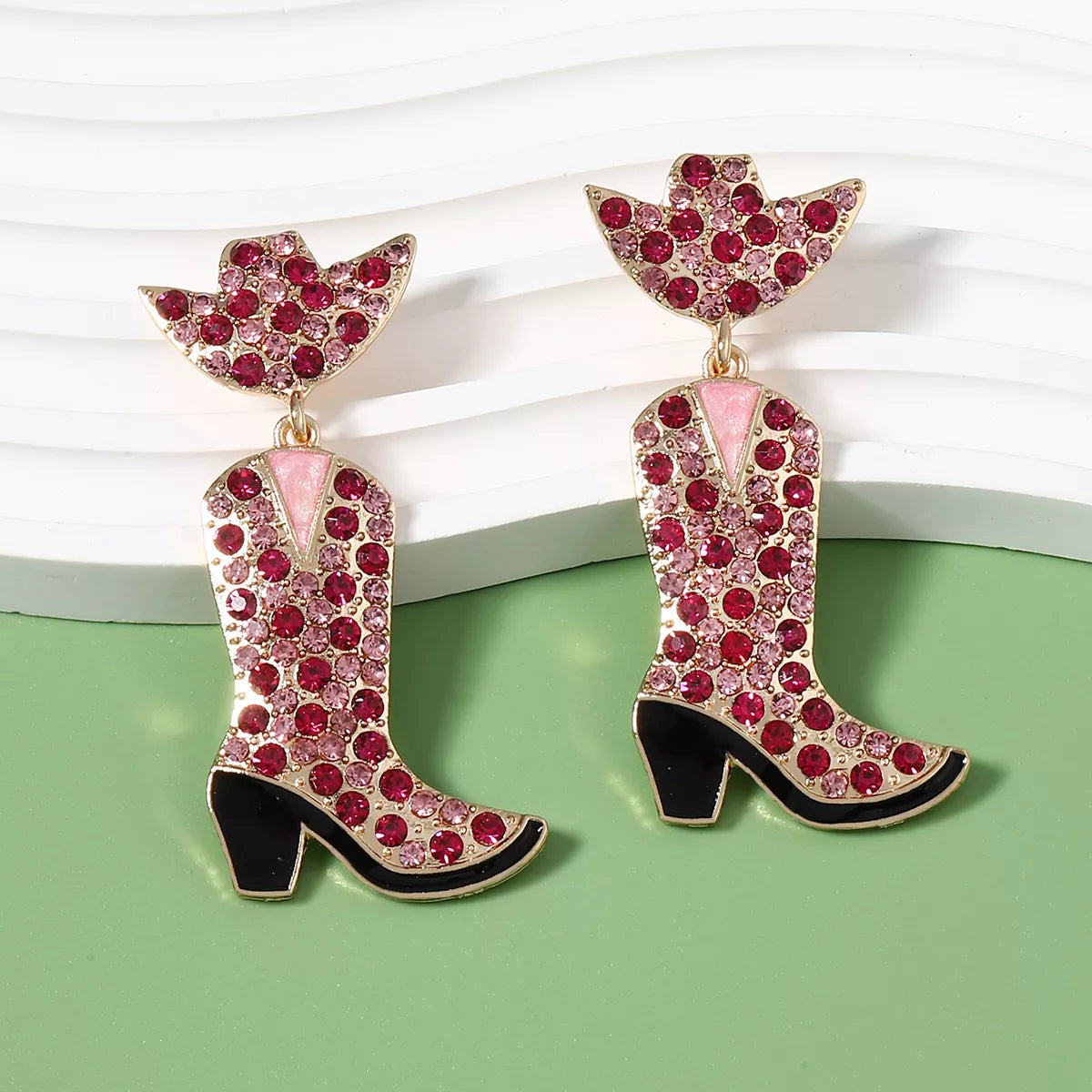 Fashorio Rose Red / onesize Rhinestone Cowboy Boot Dangle Earrings