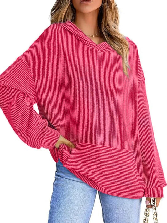 Ribbed Oversized Hoodie Sweatshirt with Pocket Rose Red - Fashorio