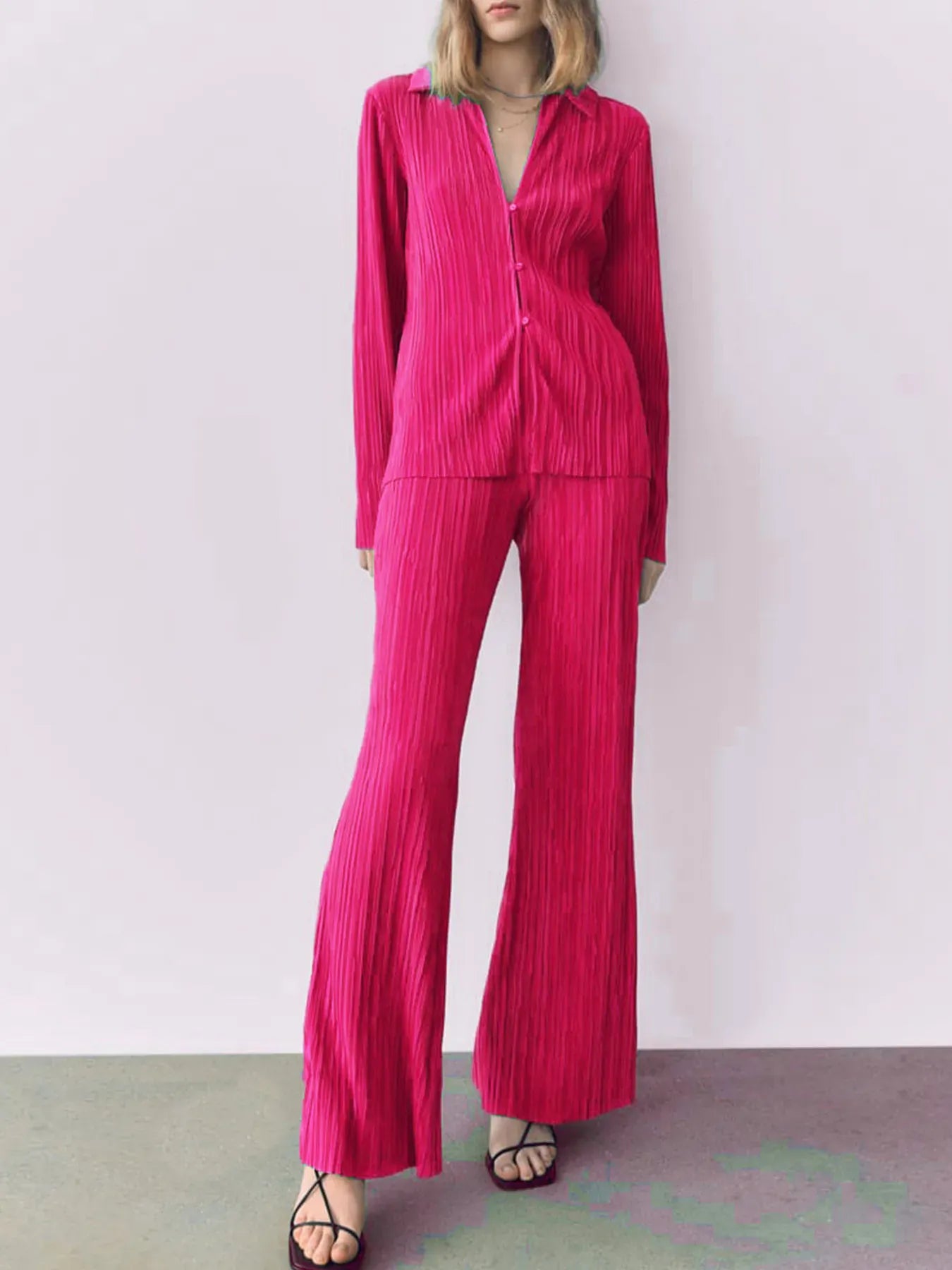 Fashorio Rose Red / S Texture Long Sleeve Top and Pants Lounge Set