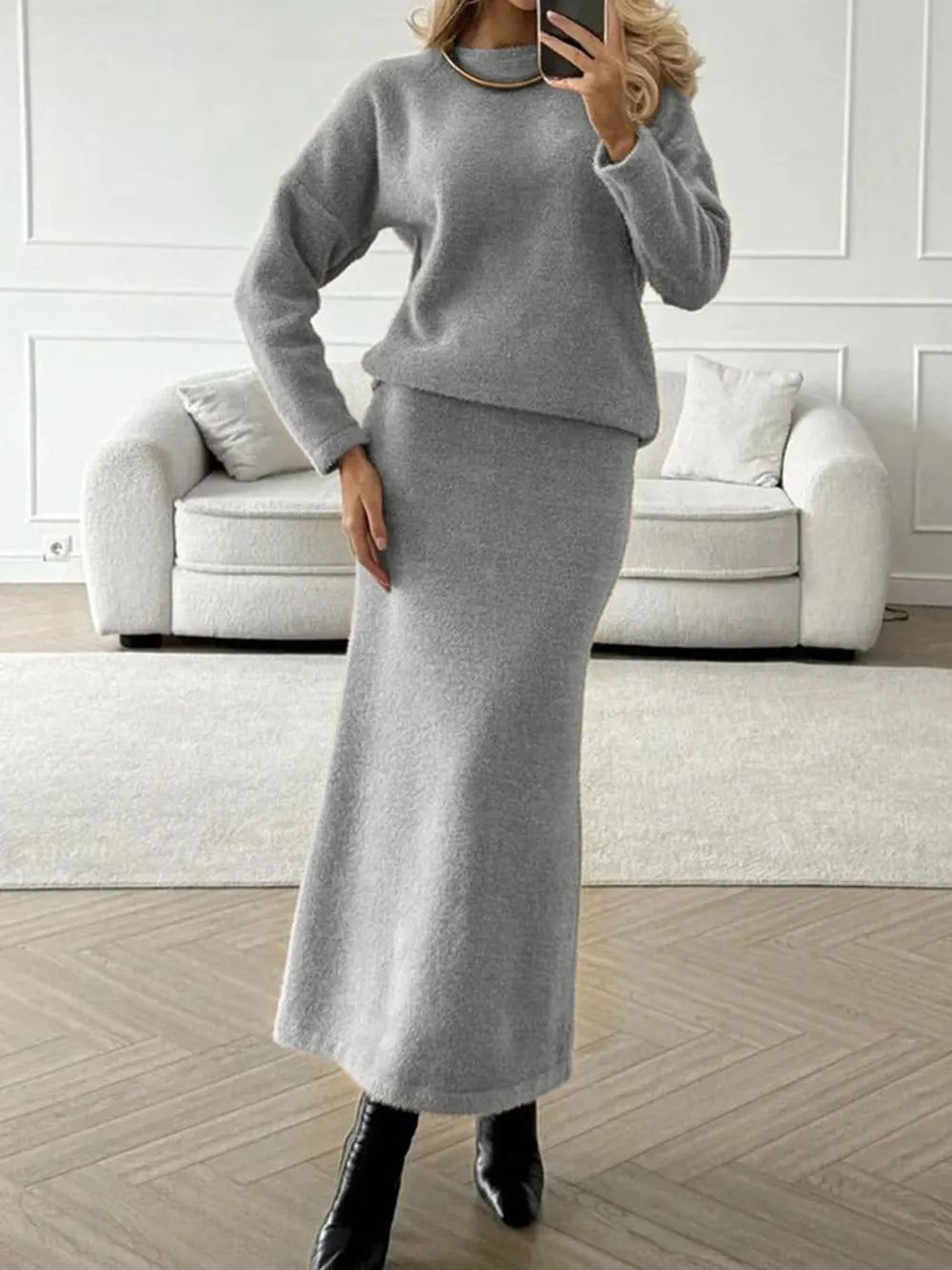 Fashorio Round Neck Dropped Shoulder Top and Midi Skirt Sweater Set