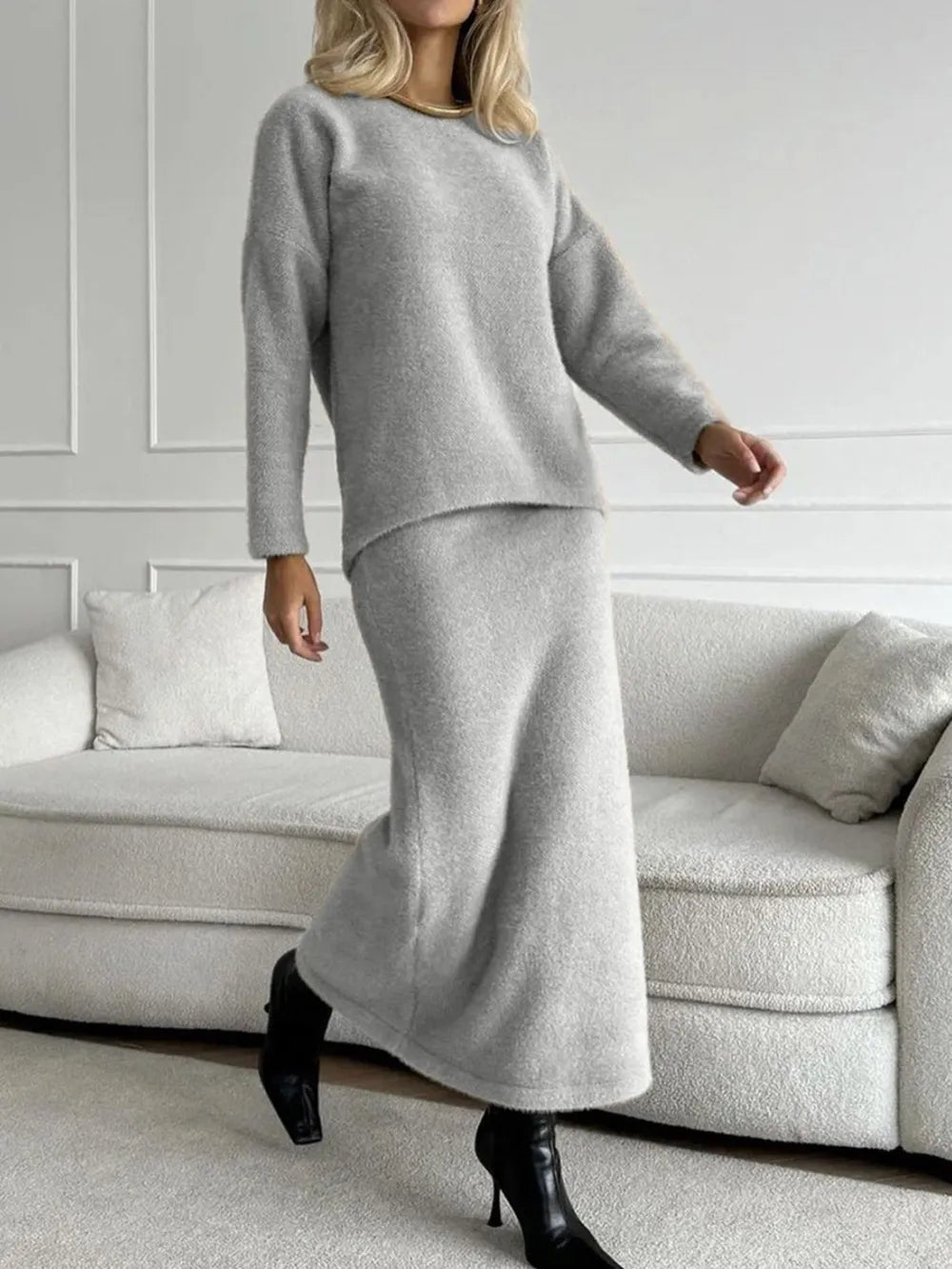 Fashorio Round Neck Dropped Shoulder Top and Midi Skirt Sweater Set