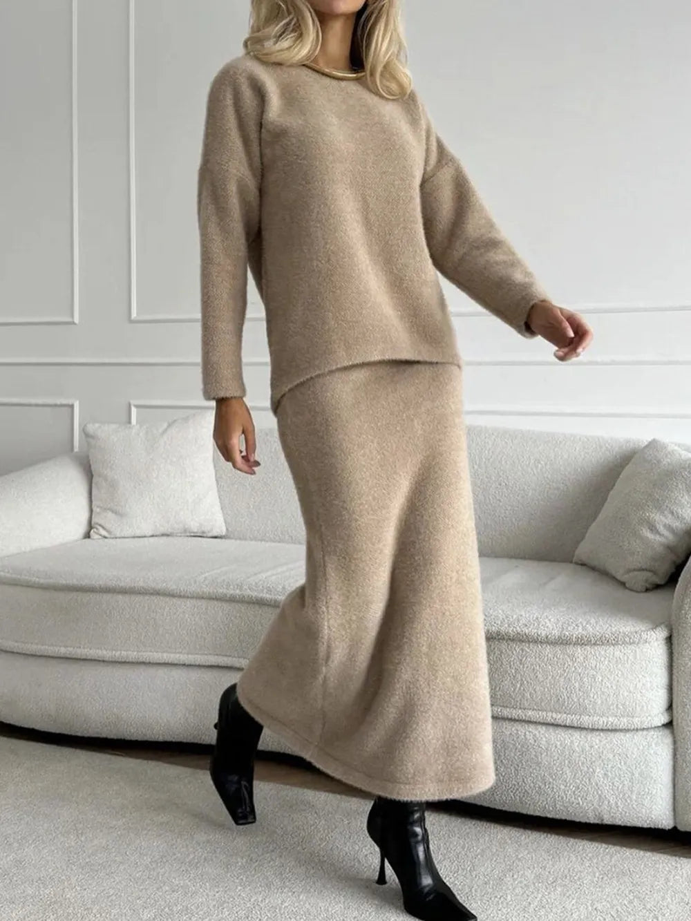 Fashorio Round Neck Dropped Shoulder Top and Midi Skirt Sweater Set