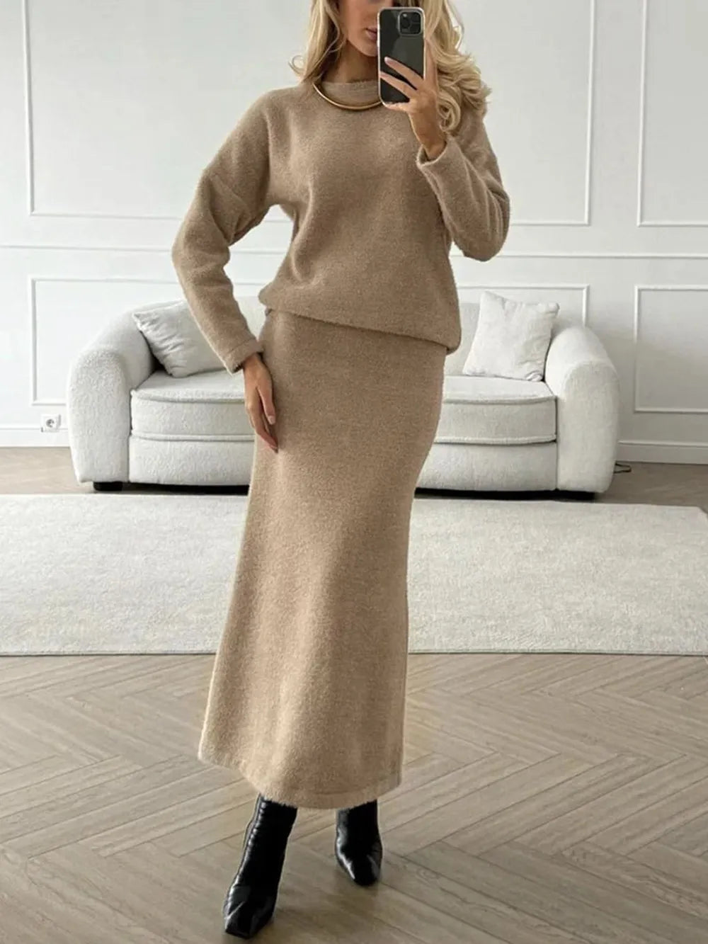 Fashorio Round Neck Dropped Shoulder Top and Midi Skirt Sweater Set