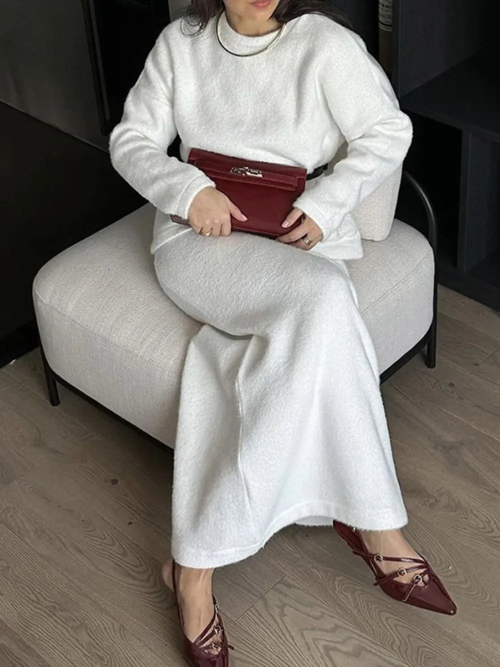 Fashorio Round Neck Dropped Shoulder Top and Midi Skirt Sweater Set