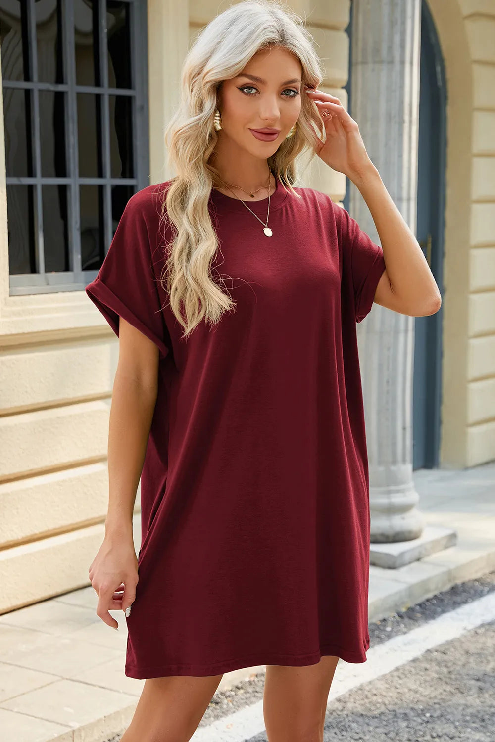 Fashorio Round Neck Rolled Short Sleeve Tee Dress