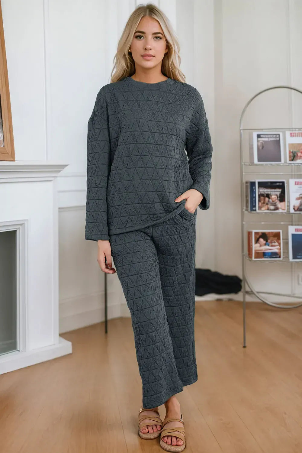 Fashorio Round Neck Top and Pocketed  Pants Lounge Set