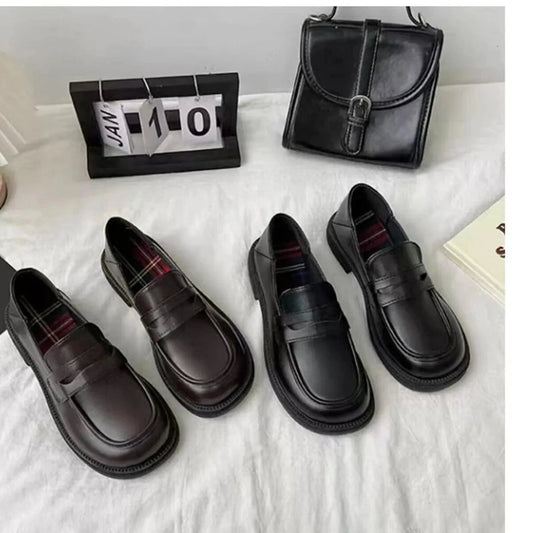 Round Toe Leather Loafers - Fashorio