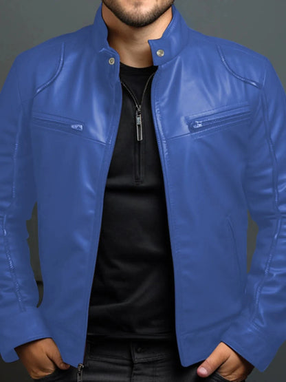Men's Full Size Leather Motorcycle Jacket with Zipper Front Plus Size Royal Blue - Fashorio