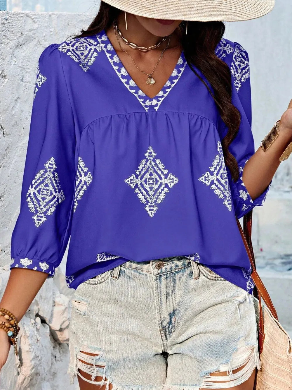 Fashorio Royal Blue / S Printed V-Neck Three-Quarter Sleeve Blouse