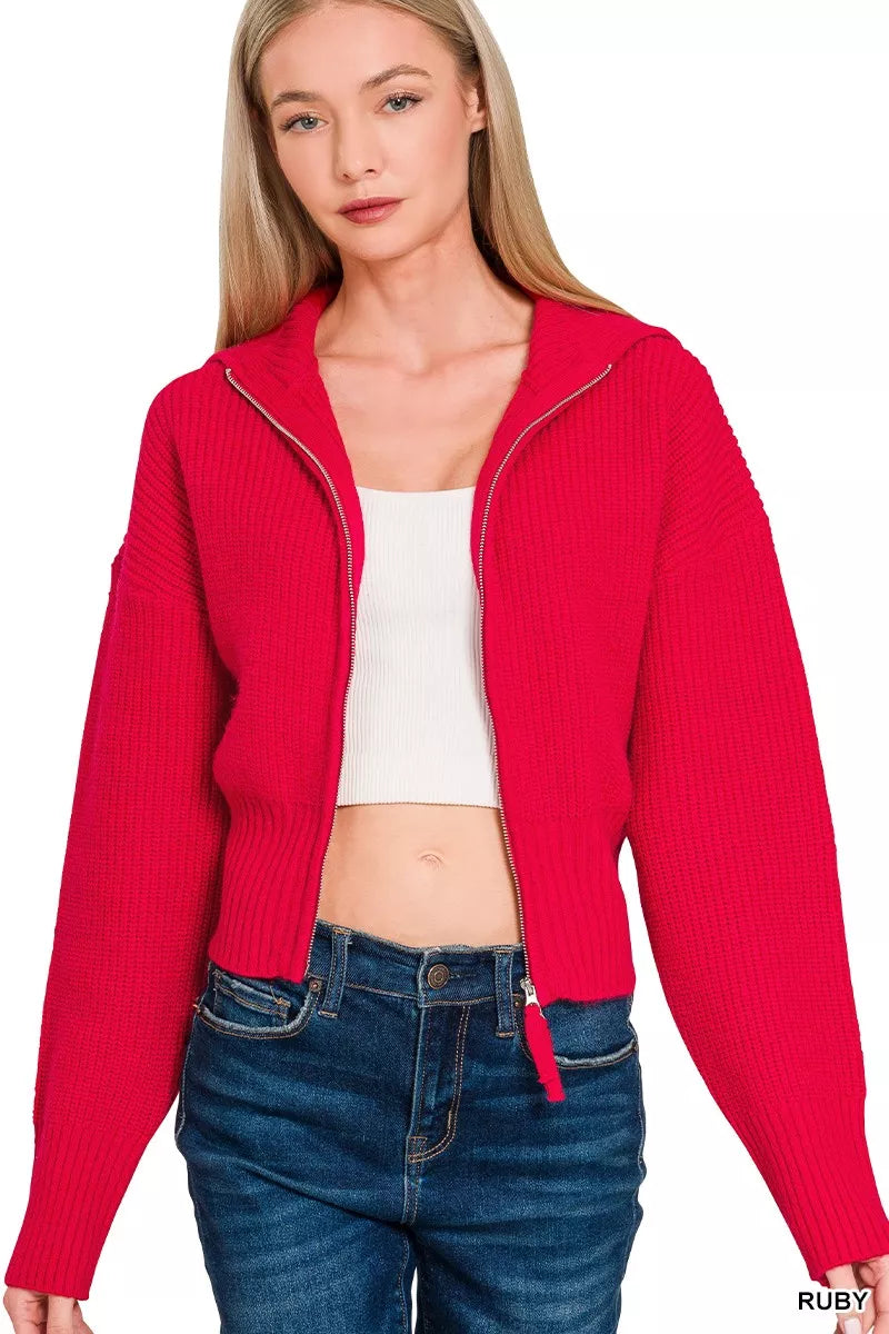 Fashorio RUBY / S Zenana Ribbed Collared Zip Up Sweater Cardigan