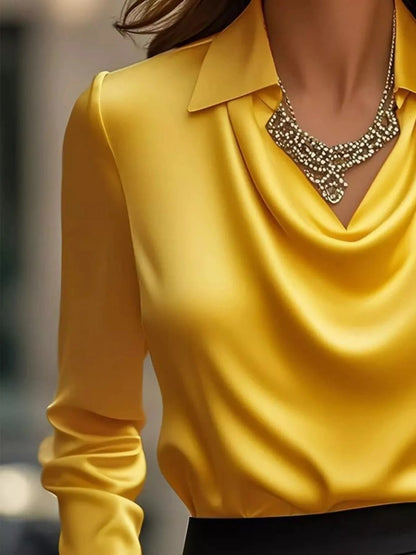 Ruched Long Sleeve Drape Collar Blouse - Fashorio