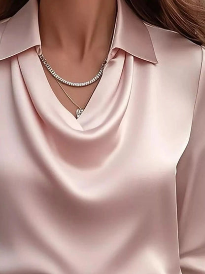 Ruched Long Sleeve Drape Collar Blouse - Fashorio