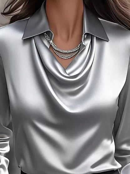 Ruched Long Sleeve Drape Collar Blouse - Fashorio