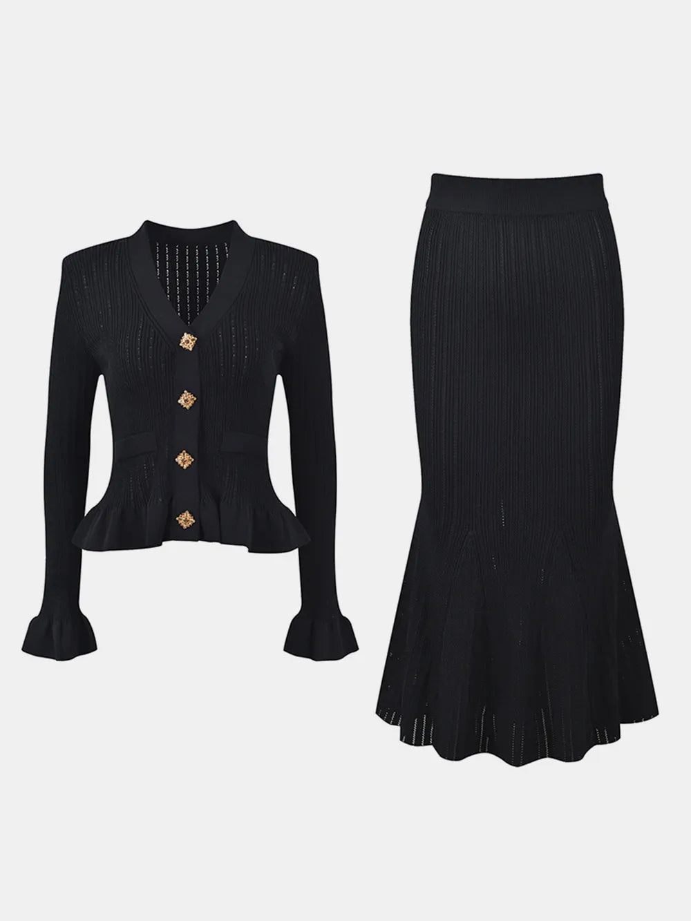 Fashorio Ruffled V-Neck Top and Midi Skirt Sweater Set