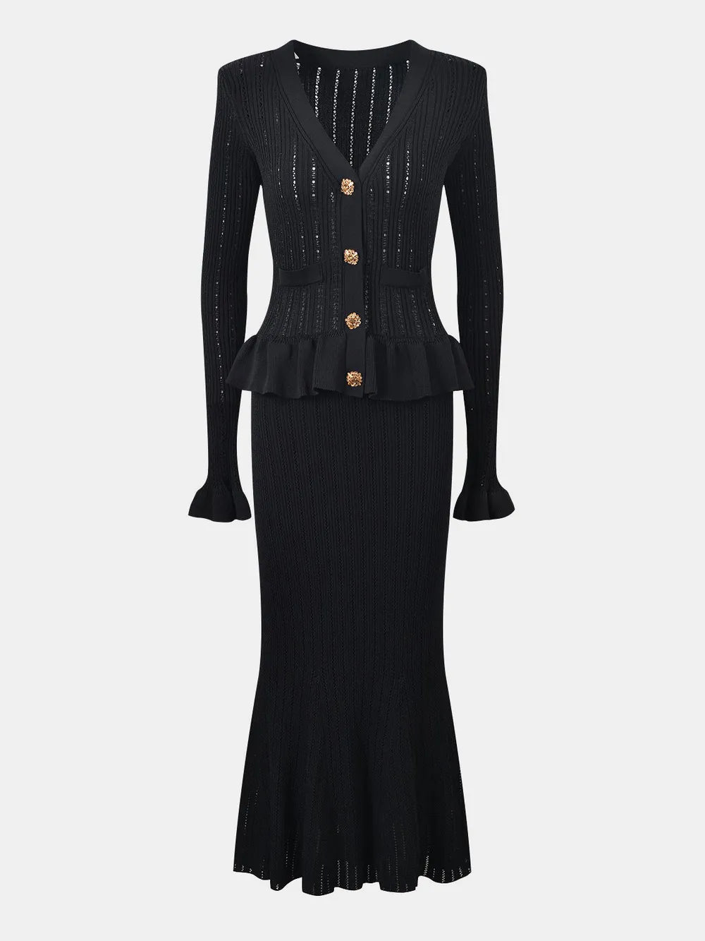 Fashorio Ruffled V-Neck Top and Midi Skirt Sweater Set